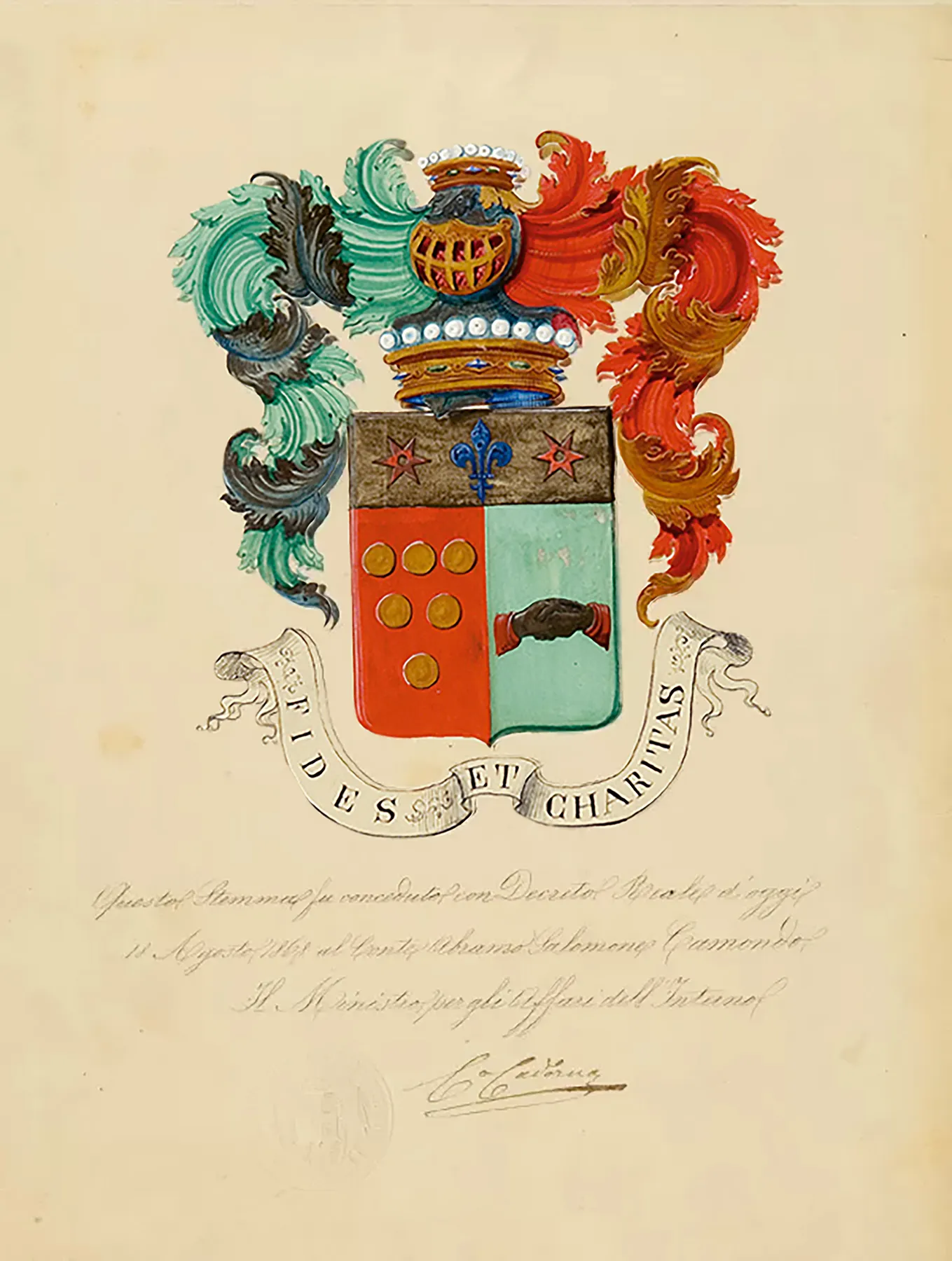The Camondo family coat of arms with the motto "Fides et Charitas"