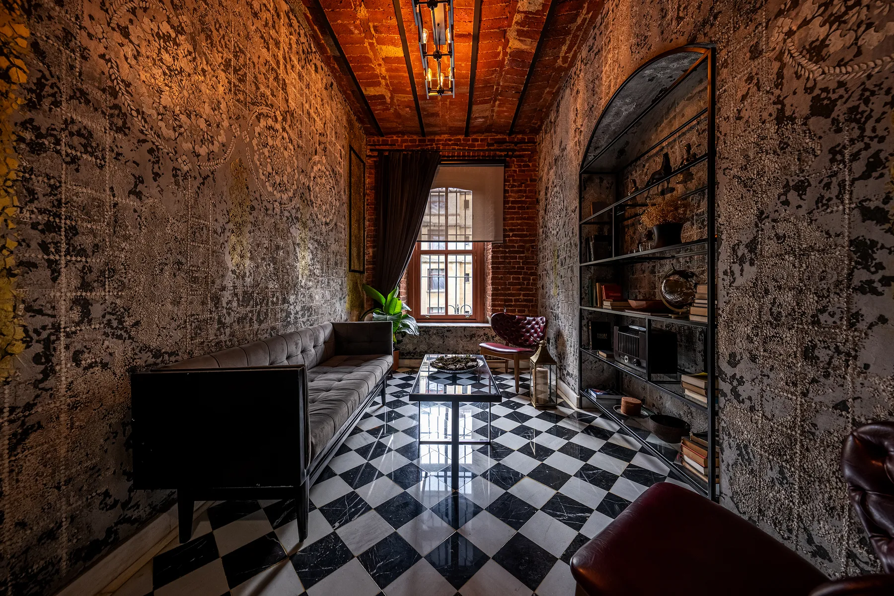 House Building interior with patterned walls and a checkerboard floor