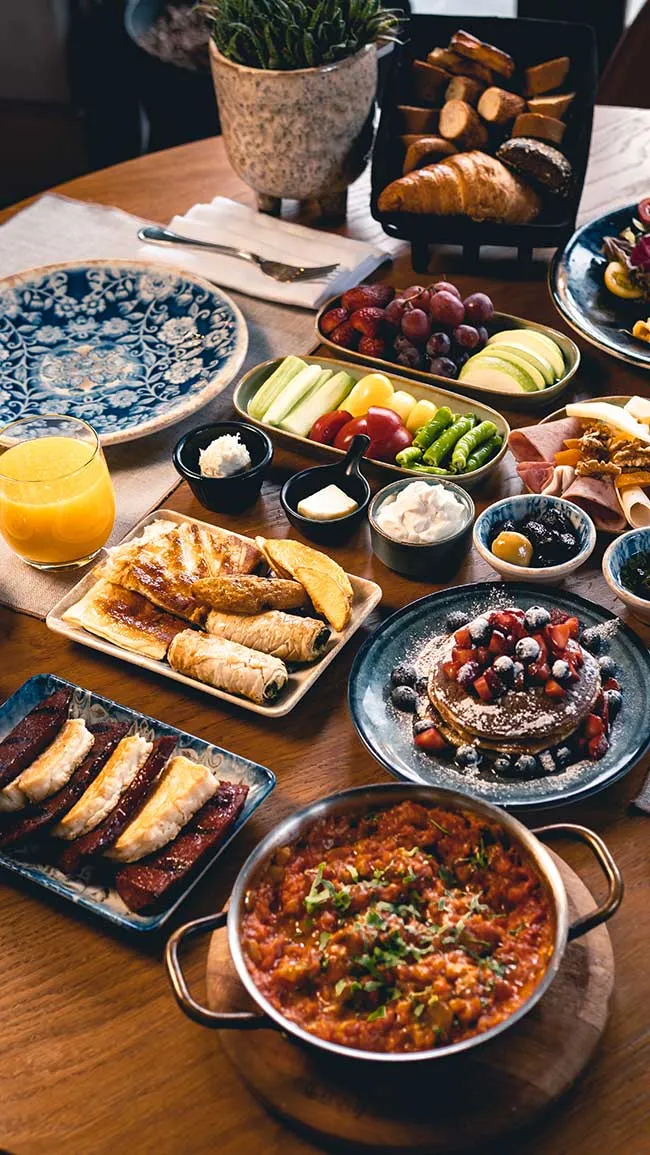Breakfast spread with Turkish dishes