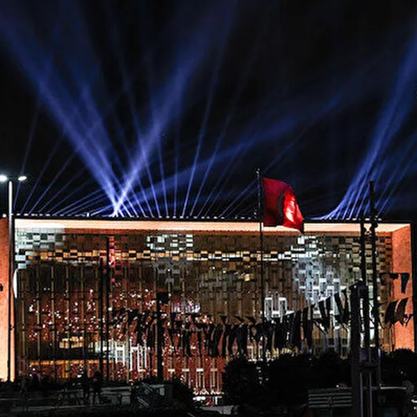 Atatürk Cultural Center lit up at night