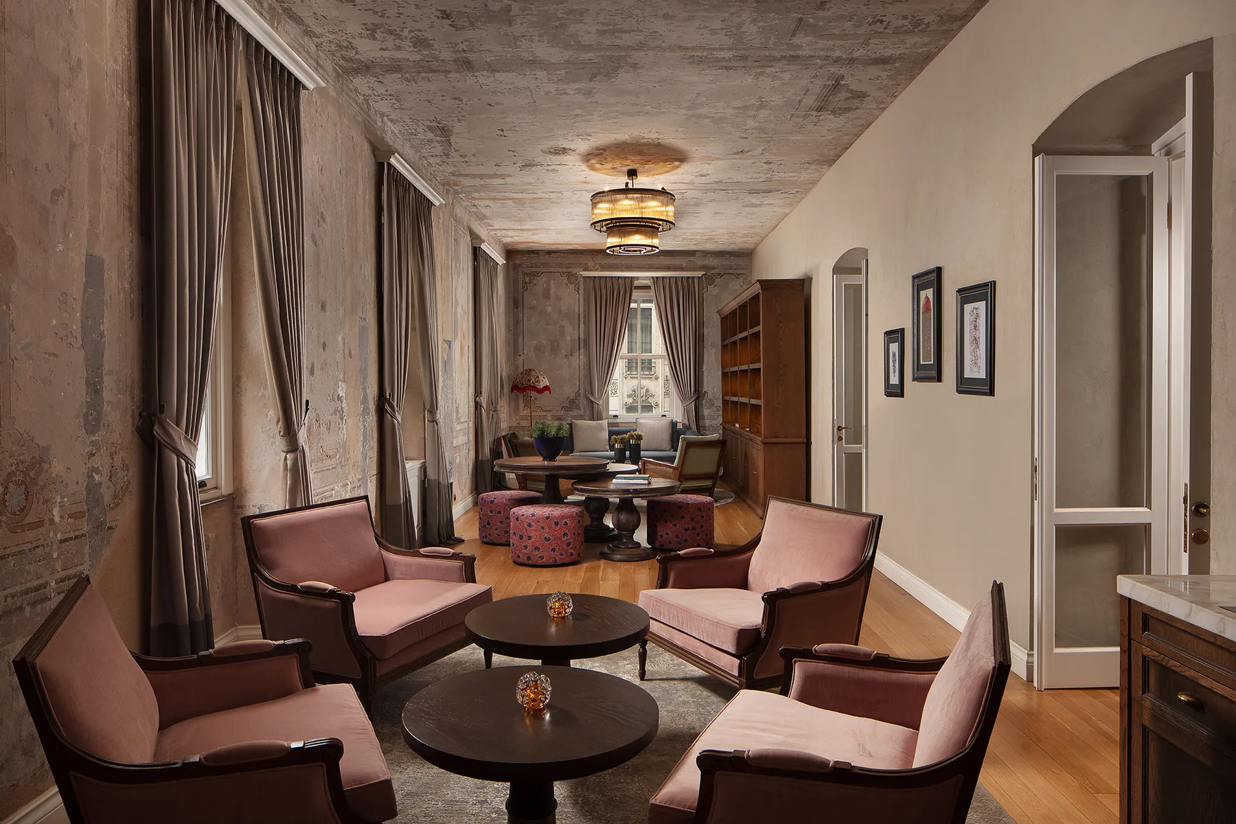 Lobby lounge with pink armchairs